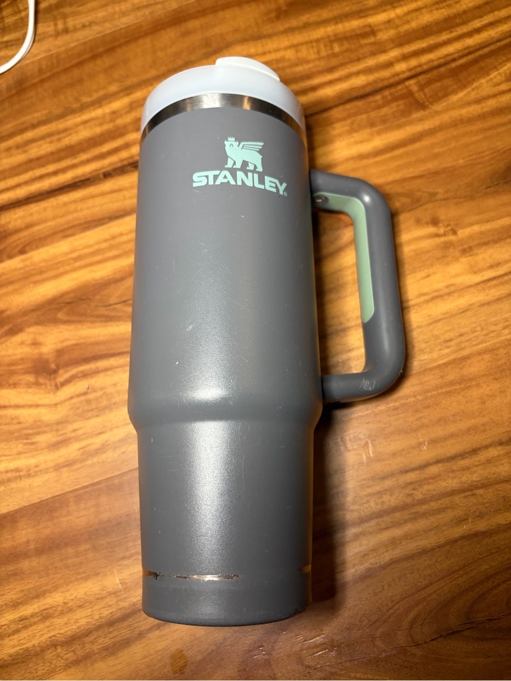 Stanley Gray Travel Mug with Mint Logo and White Lid